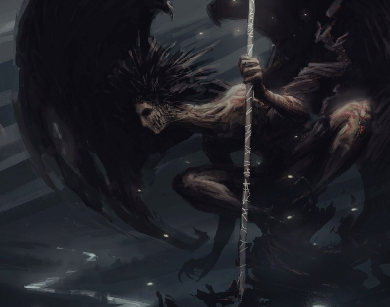 ambiguous_gender black_eyes black_hair brown_body claws crouching empty_eyes hair holding_object holding_weapon looking_back membrane_(anatomy) membranous_wings nightmare_fuel not_furry notched_wings nude outside perching solo spread_wings staff torn_flesh weapon wings stargrave humanoid monster dark_theme