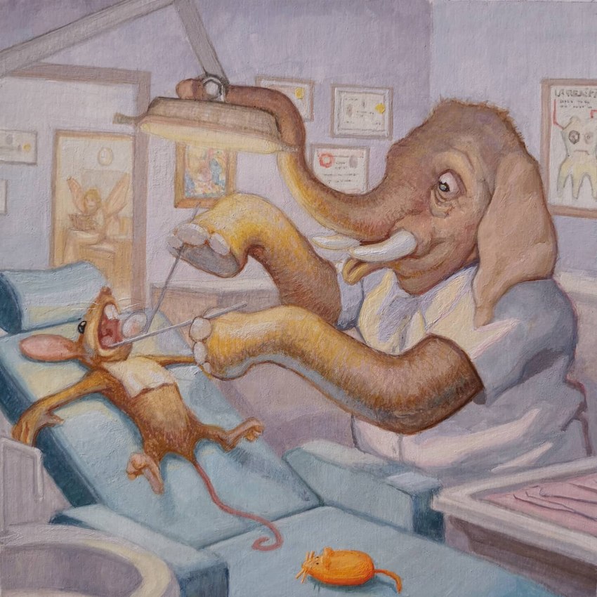 ambiguous_gender anthro biped clothing dentist detailed_background duo grey_body inside medical_instrument scientific_instrument shirt topwear joaquincarre elephant elephantid mammal murid murine proboscidean rat rodent 1:1 2021 gouache_(artwork) hi_res painting_(artwork) traditional_media_(artwork) traditional_painting_(artwork)