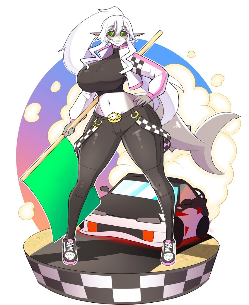 anthro big_breasts bottomwear breasts clothed clothing coat cropped_jacket ear_piercing female flag flag_(object) footwear hair hair_between_eyes holding_flag holding_object jacket long_hair midriff non-mammal_breasts open_clothing open_coat open_jacket open_topwear pants piercing ponytail pupils race_car race_queen shark_tail shoes simple_background slit_pupils solo standing topwear white_hair yellow_eyes theycallhimcake fish marine shark absurd_res hi_res