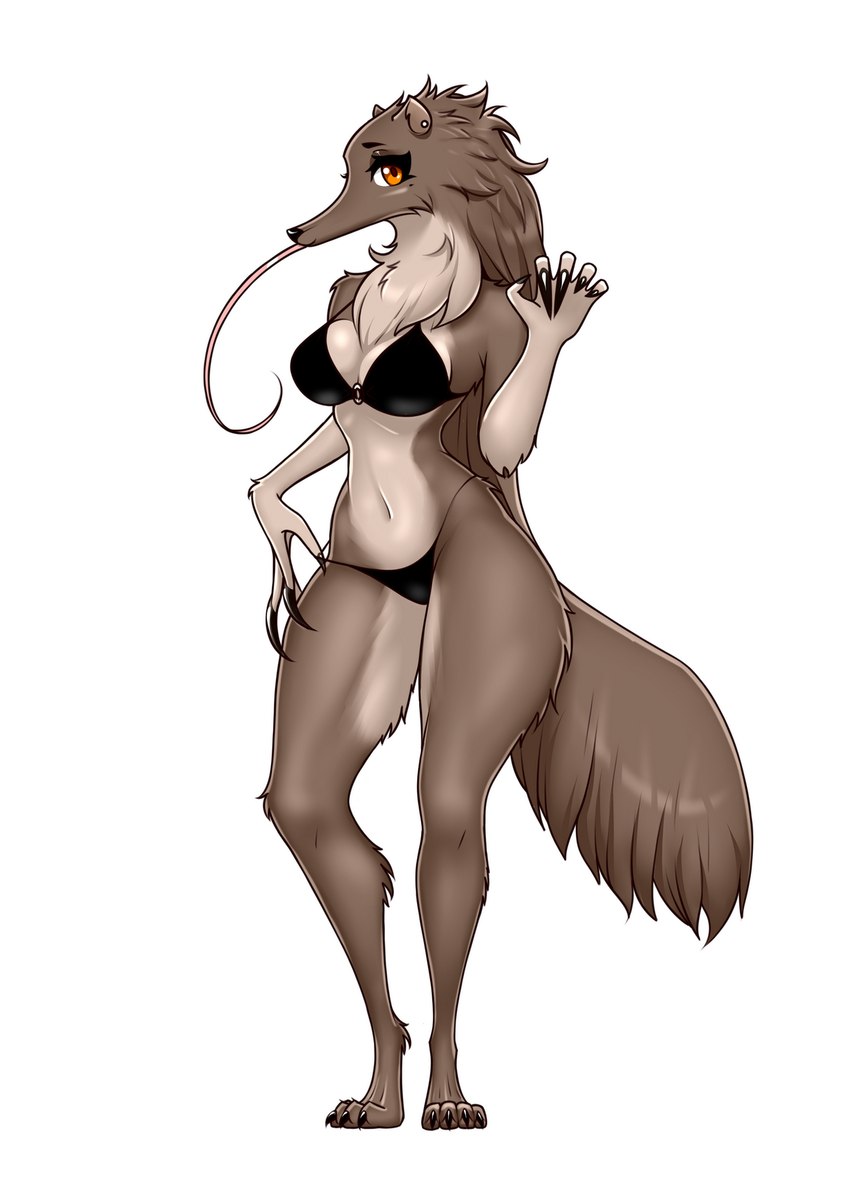 anthro bra claw_polish claws clothing colored_nails ear_piercing female fluffy fluffy_tail front_view long_claws long_nails long_snout long_tongue looking_at_viewer nails navel orange_eyes panties paws piercing simple_background skinny skinny_female small_waist snout solo tail thick_thighs toe_claws tongue tongue_out underwear white_background ak2thousand anteater mammal pilosan xenarthran 2022 hi_res