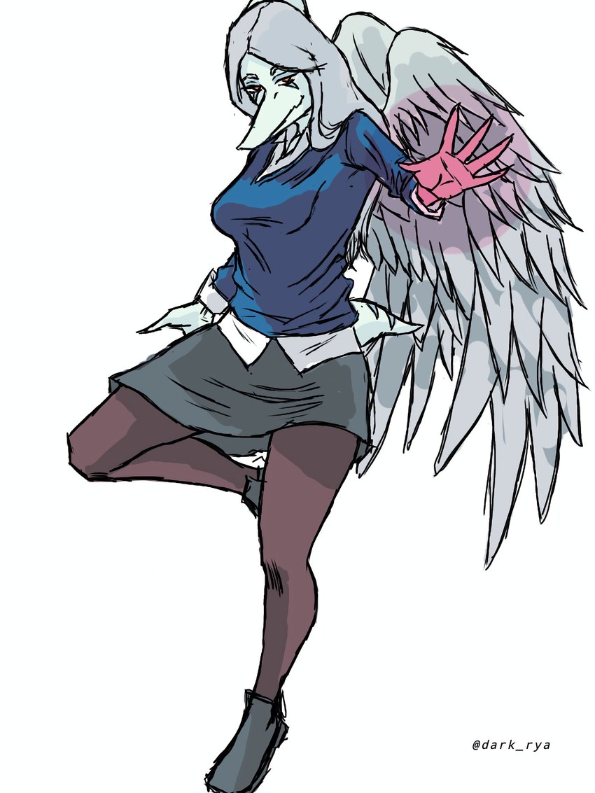 5_fingers alternate_costume anthro bent_leg biped blue_body blue_clothing blue_scales blue_shirt blue_topwear bone_frill bottomwear breasts clothed clothed_anthro clothed_female clothing cosplay eyebrows feathered_wings feathers female fingers footwear frill_(anatomy) grey_body grey_bottomwear grey_clothing grey_feathers grey_hair grey_skirt hair half-closed_eyes humanoid_hands leggings legwear long_hair looking_at_viewer medium_breasts narrowed_eyes non-mammal_breasts orange_eyes reaching_towards_viewer scales shirt shoes short_tail simple_background skirt smile solo standing tail topwear white_background wings dark_rya ben_10 cartoon_network goodbye_volcano_high fang_(gvh) gwen_tennyson prehistoric_species pterodactylus pterosaur reptile scalie 2024 3:4 artist_name colored full-length_portrait hi_res portrait