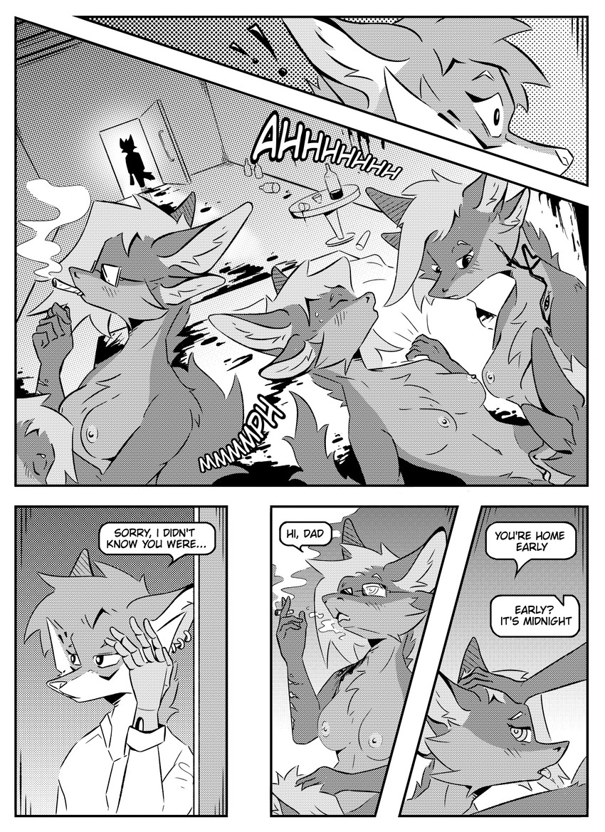 4_ears ambiguous_gender anthro apology base_two_layout bed blockage_(layout) blood bodily_fluids bottle breasts clone clothed clothing container cunnilingus dialogue drugs ear_piercing exclamation_point eyewear female female/female five_frame_image furniture glasses greeting group group_sex hand_on_head horizontal_blockage inner_ear_fluff inside inward_tail_speech_bubble looking_away marijuana multi_ear nipples nude oral orgy piercing prosthetic prosthetic_arm prosthetic_limb scar sex shocked simple_background smoke speech_bubble table text tuft vaginal vowelless vowelless_vocalization kifyun2 mia_smith tatsuo_kimura canid canine fox hybrid mammal absurd_res comic english_text hi_res monochrome