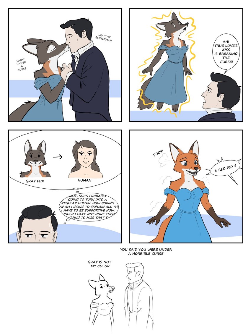 anthro black_hair black_tie_(suit) blue_eyes bodily_fluids breasts brown_hair clothing dialogue directional_arrow dress duo eyes_closed female fur grey_body grey_fur hair hand_holding kiss_on_lips kissing male necktie nervous open_mouth orange_body orange_fur paws reversion simple_background solo species_transformation speech_bubble suit sweat tail teeth text thought_bubble transformation tggeko canid canine fox grey_fox human mammal red_fox true_fox urocyon 2025 3:4 comic english_text hi_res