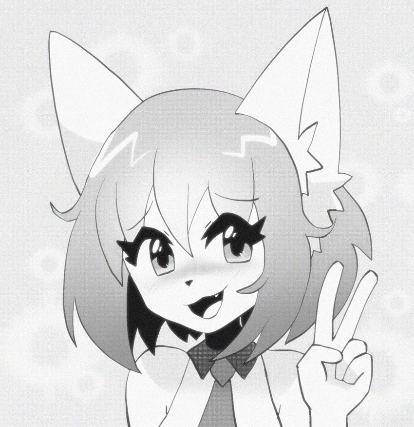 anthro big_ears black_nose blush bob_cut clothed clothing ear_tuft eyebrows fangs female female_anthro fur gesture hair hand_gesture kemono looking_away necktie open_mouth simple_background solo teeth tuft v_sign white_body white_fur youtuber freetobegreene wolfychu canid canine canis mammal wolf digital_media_(artwork) greyscale headshot_portrait hi_res monochrome portrait