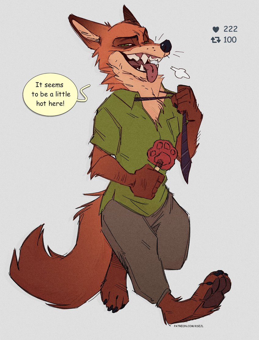 anthro clothing food holding_food holding_object holding_popsicle male necktie pawpsicle popsicle solo text tongue tongue_out undressing ksejl disney strip_meme zootopia nick_wilde canid canine fox mammal red_fox true_fox absurd_res english_text hi_res url