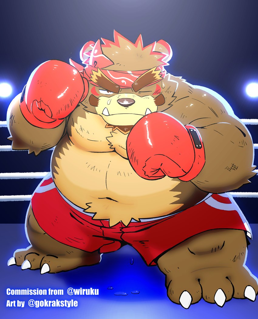 anthro belly big_belly bodily_fluids bottomwear boxing_gloves brown_body clothing fighting_ring handwear kemono male moobs navel one_eye_closed overweight overweight_male shorts solo sweat text gokrakstyle sengoku_puzzle saigou_shirou bear mammal 2022 absurd_res english_text hi_res