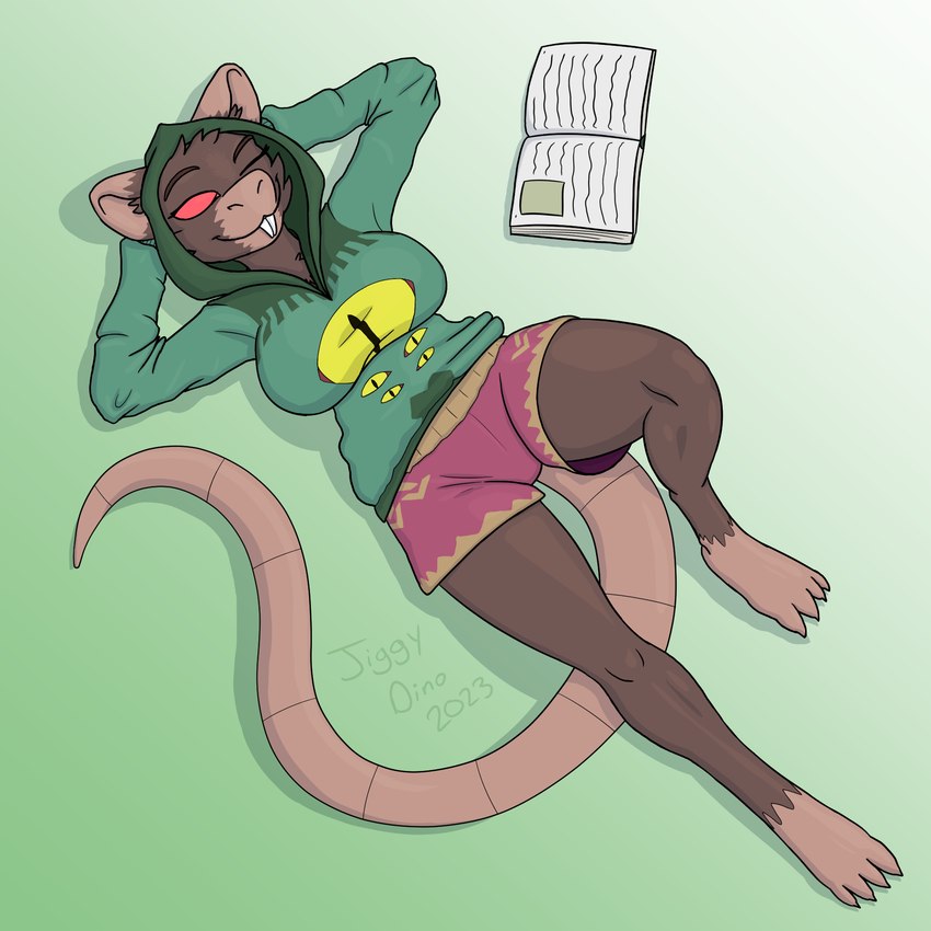 anthro book bottomwear breasts clothing female hoodie lying on_back shorts solo tail thick_tail topwear jiggydino meriam_(skiesofsilver) mammal murid murine rat rodent 1:1 hi_res