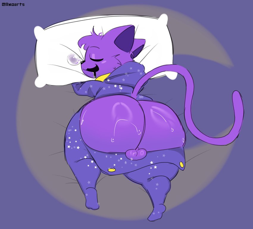 anthro backsack balls big_butt black_nose bodily_fluids bubble butt butt_flap clothing drooling eyes_closed fur genitals hair head_on_pillow huge_butt lying male multicolored_clothing on_front onesie pajamas pillow purple_body purple_clothing purple_ears purple_fur purple_hair purple_onesie purple_pajamas purple_tail rear_view saliva sleeping snot snot_bubble solo star_clothing star_pattern sweat sweaty_butt tail teapot_(body_type) thick_thighs two_tone_clothing two_tone_onesie two_tone_pajamas white_clothing white_onesie white_pajamas axoarts mob_entertainment poppy_playtime smiling_critters catnap_(poppy_playtime) critters_(poppy_playtime) domestic_cat felid feline felis mammal 2024 hi_res signature