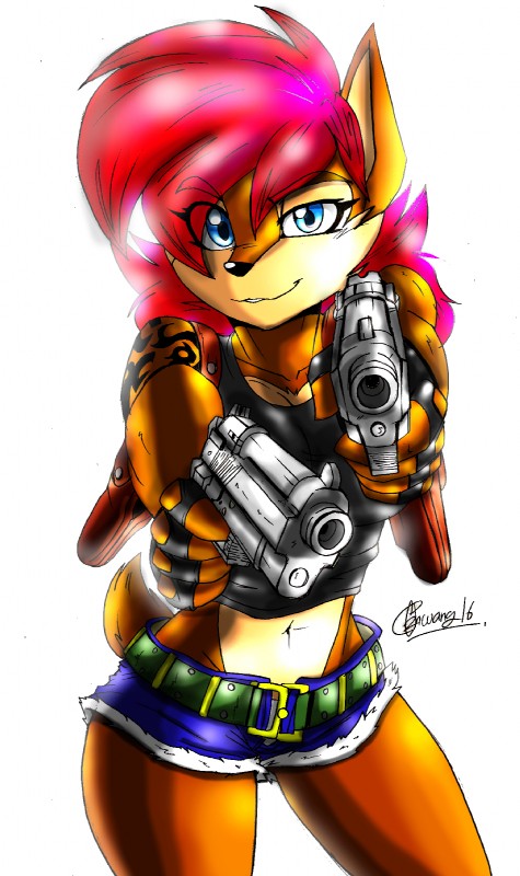 anthro big_breasts biped blue_eyes breasts brown_body brown_fur clothed clothing female fur gun hair ranged_weapon red_hair solo tattoo weapon zhengfox archie_comics black_lagoon sega sonic_the_hedgehog_(archie) sonic_the_hedgehog_(comics) sonic_the_hedgehog_(series) revy_(black_lagoon) sally_acorn chipmunk ground_squirrel mammal rodent sciurid 2016 hi_res