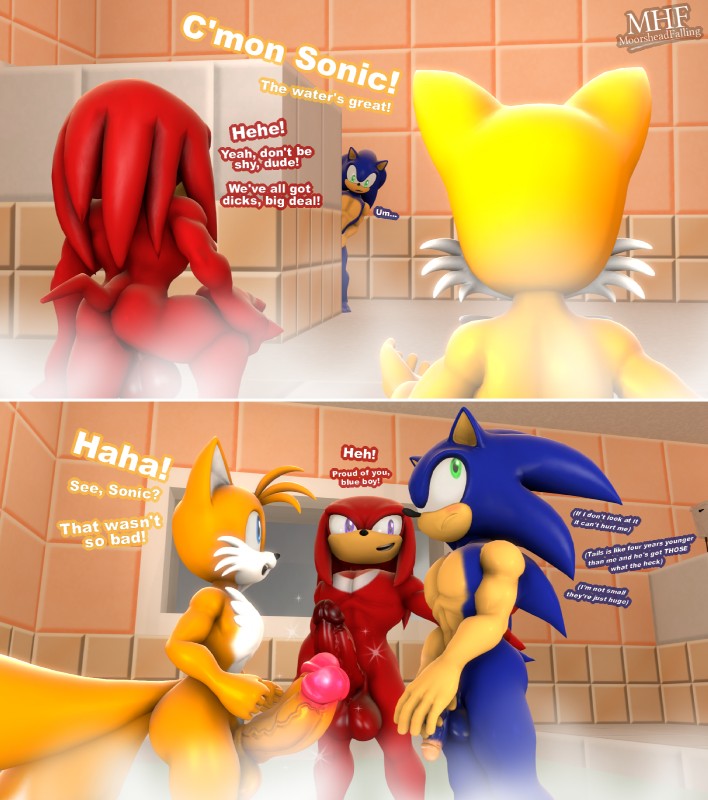 aged_up anthro balls bathroom big_balls big_penis dialogue genitals group huge_balls huge_penis male male/male multi_genitalia multi_penis nude penis penis_size_difference steam text moorsheadfalling sega sonic_the_hedgehog_(series) knuckles_the_echidna miles_prower sonic_the_hedgehog canid canine echidna eulipotyphlan fox hedgehog mammal monotreme 2018 3d_(artwork) digital_media_(artwork) english_text hi_res source_filmmaker_(artwork)