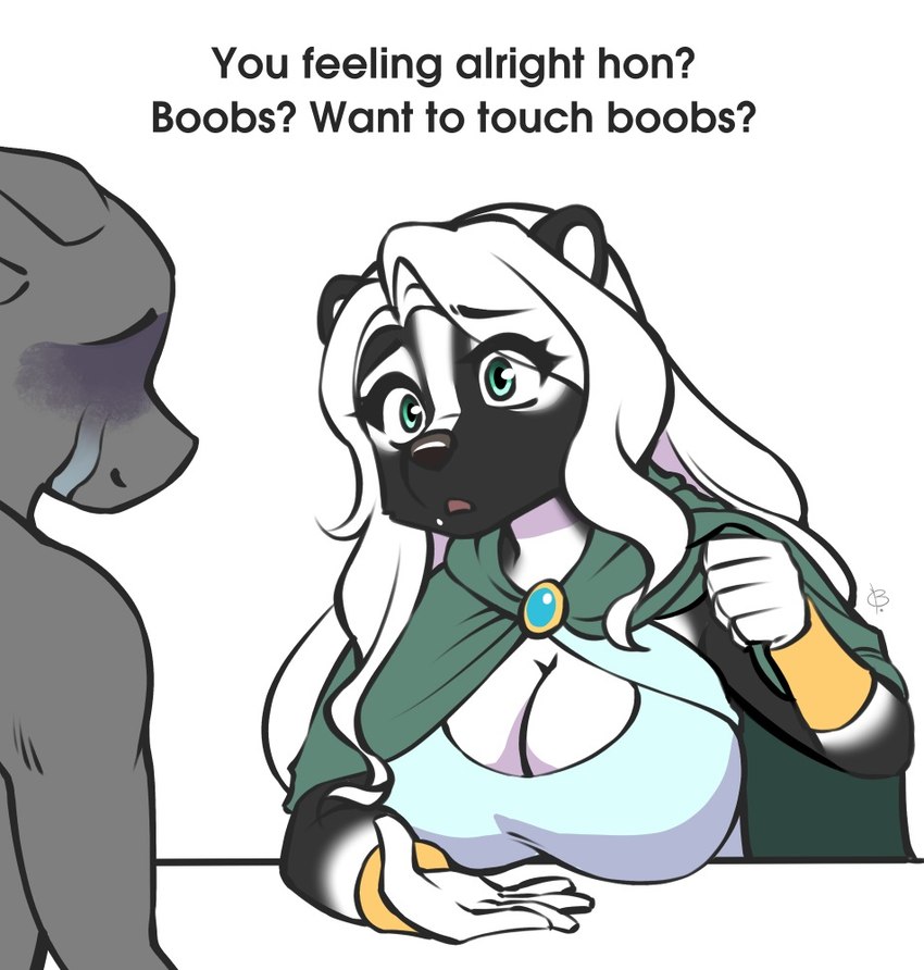 anthro black_nose bodily_fluids breasts cape cleavage clothed clothing dialogue duo female green_eyes hair male male/female tears text white_hair abluedeer bethellium boobs?_wanna_touch_boobs? vanadise mammal mephitid skunk english_text