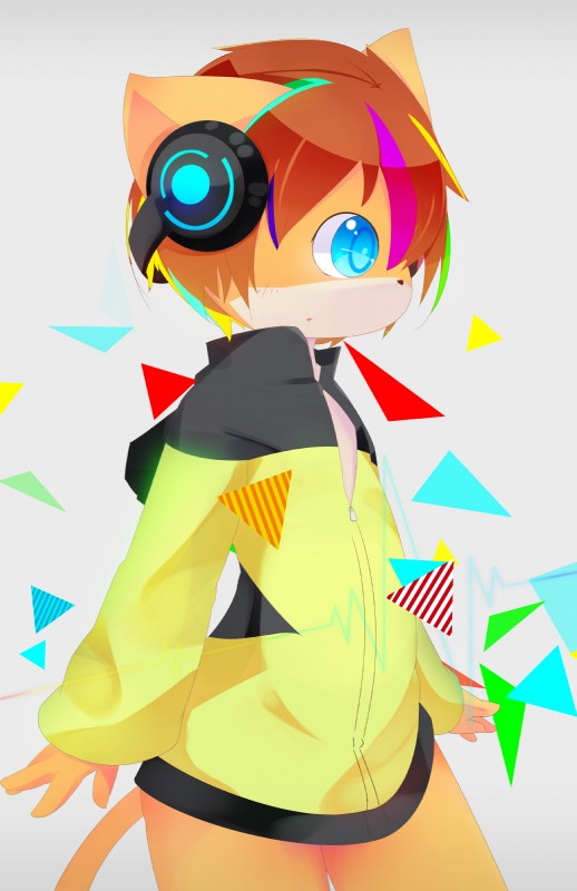 anthro blue_eyes bottomless brown_hair clothed clothing electronics fur hair headgear headphones headset kemono male orange_body orange_fur solo standing young young_anthro aoino domestic_cat felid feline felis mammal absurd_res hi_res