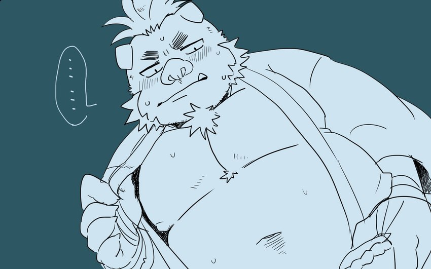 anthro belly blush clothed clothing ellipsis eyebrows looking_at_viewer male musclegut muscular navel open_clothing open_robe pecs robe solo thick_eyebrows tusks nunutaro3 lifewonders tokyo_afterschool_summoners ganglie_(tas) mammal suid suina sus_(pig) wild_boar 16:10 line_art widescreen