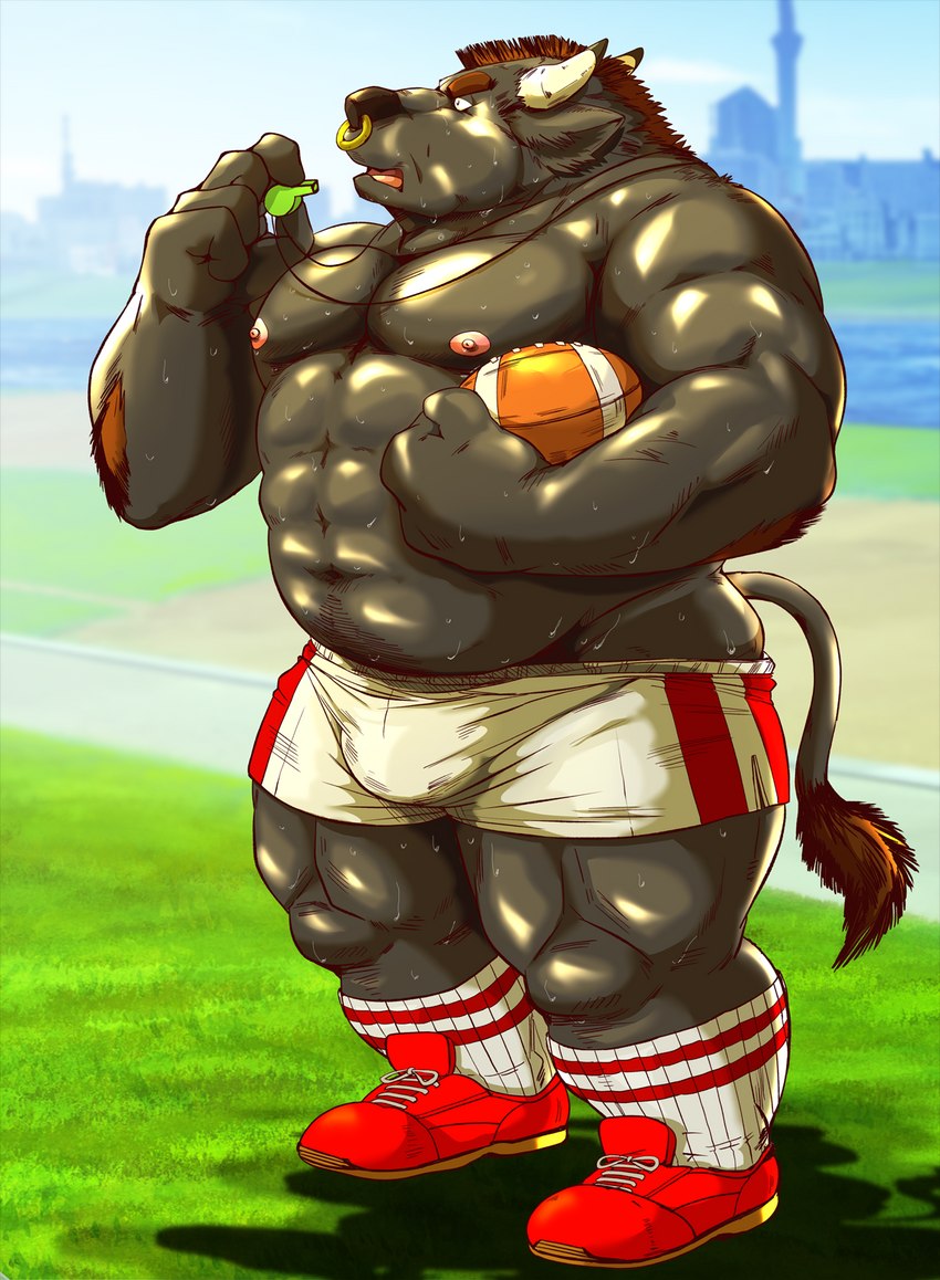 american_football anthro ball barazoku black_body bodily_fluids bottomwear bulge clothing facial_piercing humanoid_hands kemono male muscular muscular_male nipples nose_piercing nose_ring outside piercing ring_piercing shorts solo sport sweat raichoclub bovid bovine cattle mammal 2021 hi_res