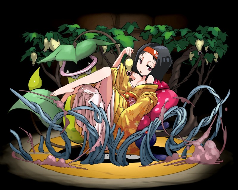 ambiguous_gender asian_clothing breasts carnivorous_plant clothing east_asian_clothing female flower group gym_leader hair human_focus japanese_clothing kimono not_furry plant red_eyes smile tentacles cosmo_(artist) nintendo pokemon puzzle_and_dragons erika_(pokemon) arthropod bellsprout elemental_creature flora_fauna flower_creature generation_1_pokemon human mammal pokemon_(species) tangela victreebel vileplume 5:4