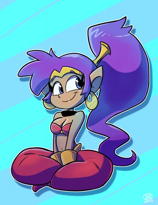 blue_eyes breasts clothing dark_body dark_skin ear_piercing female hair humanoid_pointy_ears long_hair navel not_furry piercing pointy_ears ponytail purple_hair sitting smile solo jurassiczalar shantae_(series) wayforward shantae genie humanoid 2018 absurd_res hi_res