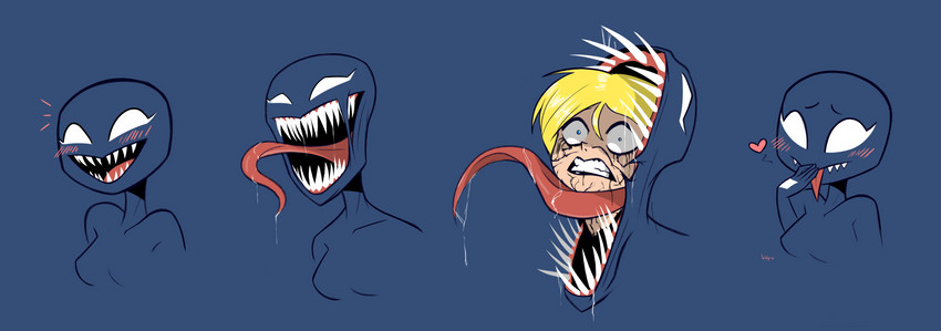 blush bodily_fluids clenched_teeth constricted_pupils female heart_symbol long_tongue open_mouth pupils saliva scared sharp_teeth small_pupils teeth tongue tongue_out vein white_eyes wide_eyed jobbythehong marvel she-venom venom_(marvel) alien human humanoid mammal symbiote absurd_res hi_res