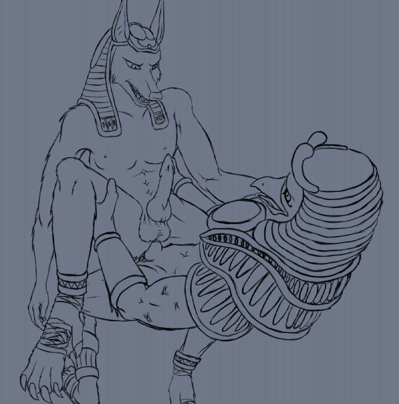 anal anthro balls claws duo erection genitals knot male male/male male_penetrated male_penetrating male_penetrating_male nipples penetration penis sex dr_lazarus_lamar egyptian_mythology middle_eastern_mythology mythology smite anubis_(smite) ra_(smite) anubian_jackal avian canid canine canis deity jackal mammal black_and_blue monochrome