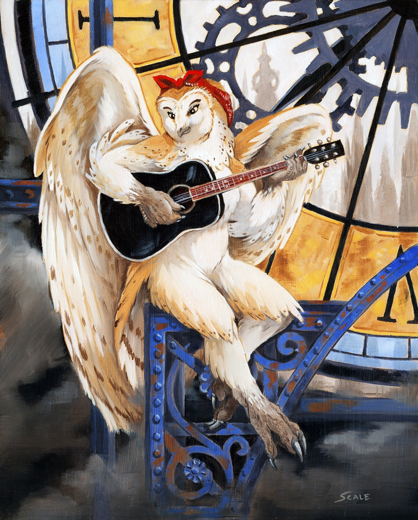 anthro avian_feet beak breasts claws clock clockwork feathered_wings feathers female gear guitar kerchief kerchief_only mostly_nude musical_instrument non-mammal_breasts playing_guitar playing_music plucked_string_instrument sitting solo string_instrument toe_claws wings scale_(artist) avian barn_owl bird owl tyto tytonid hi_res oil_painting_(artwork) painting_(artwork) traditional_media_(artwork)