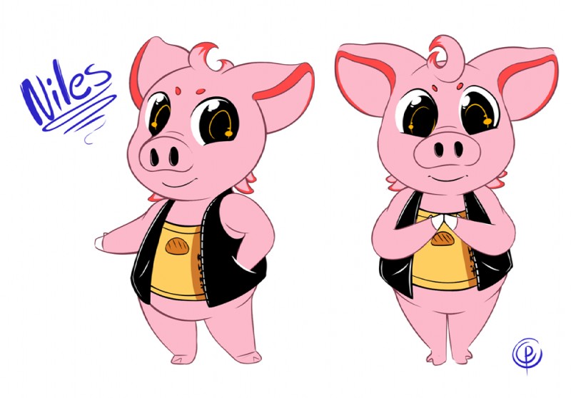 anthro bottomless clothed clothing cowlick hair hooves male simple_background solo white_background cocampplus niles domestic_pig mammal suid suina sus_(pig)