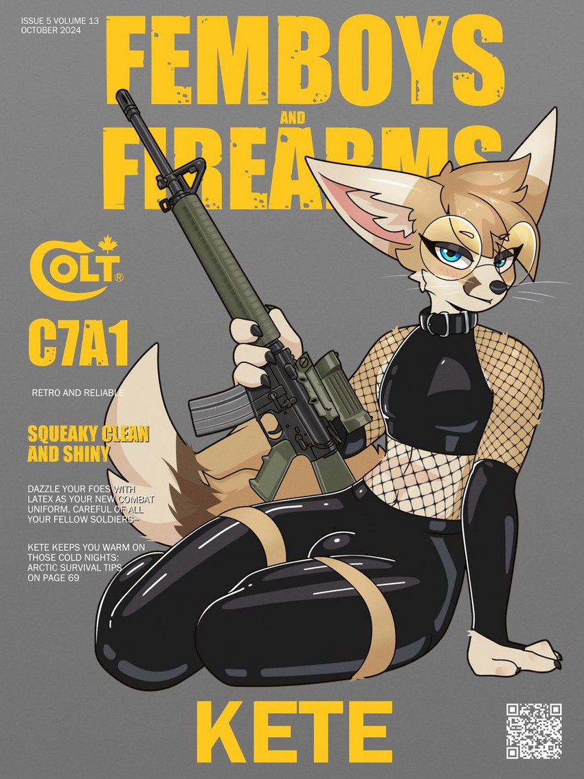 anthro ar-15 arm_warmers armwear assault_rifle black_armwear black_bridal_gauntlets black_clothing black_latex black_legwear black_thigh_highs bottomwear bridal_gauntlets bulge c7a1 clothing collar crop_top elcan_c79 eyewear femboy fishnet_clothing fishnet_shirt fishnet_topwear glasses gun latex latex_armwear latex_bottomwear latex_bridal_gauntlets latex_clothing latex_legwear latex_pants latex_thigh_highs latex_topwear legwear male pants ranged_weapon rifle round_glasses scope shirt shorts solo text thigh_highs topwear weapon wearing_glasses marcus_gray elcan_optical_technologies kete_wawakari canid canine fennec_fox fox mammal true_fox 3:4 cover english_text hi_res magazine_cover