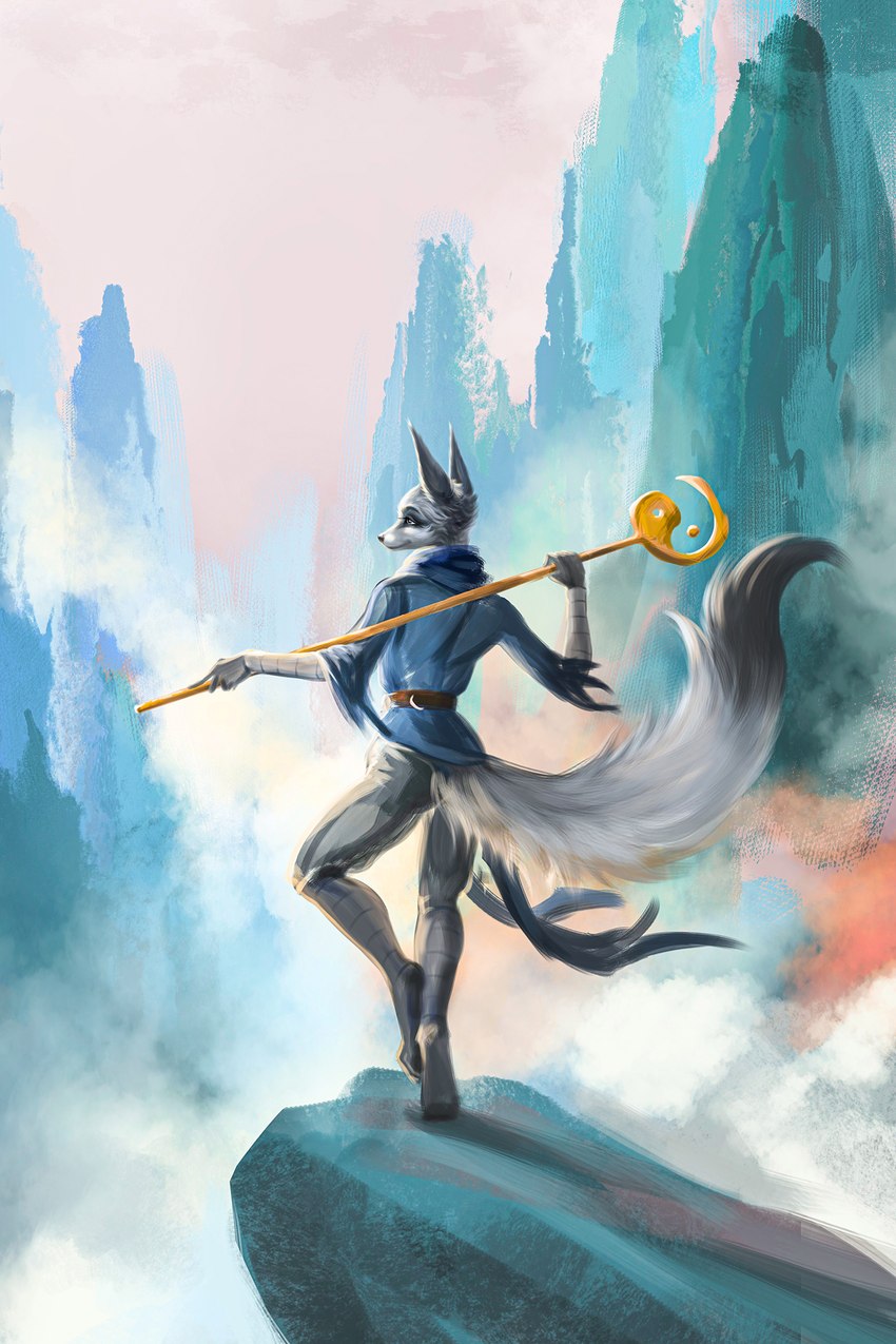 anthro arm_wraps belt clothed clothing day detailed_background eyebrows eyelashes female fur grey_body grey_fur holding_object holding_staff leg_wraps mountain mountain_range outside realistic solo staff tail wraps yellow_eyes elkir dreamworks kung_fu_panda zhen_(kung_fu_panda) canid canine corsac_fox fox mammal true_fox 2024 hi_res painting_(artwork) traditional_media_(artwork)