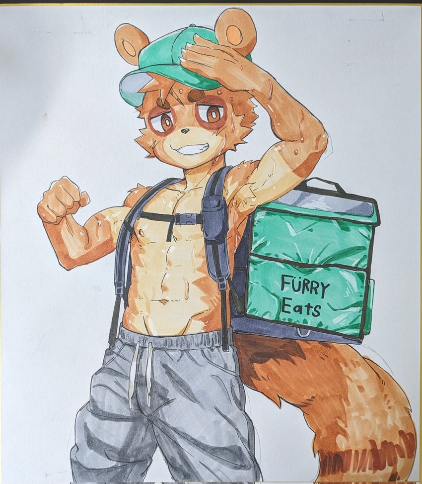 abs adolescent anthro armpit_hair biceps bodily_fluids body_hair clothed clothing hat headgear headwear male muscular muscular_young pecs solo sweat topless young leeksaltboy tanuki_kun_(leeksaltboy) canid canine mammal raccoon_dog tanuki hi_res marker_(artwork) traditional_media_(artwork)