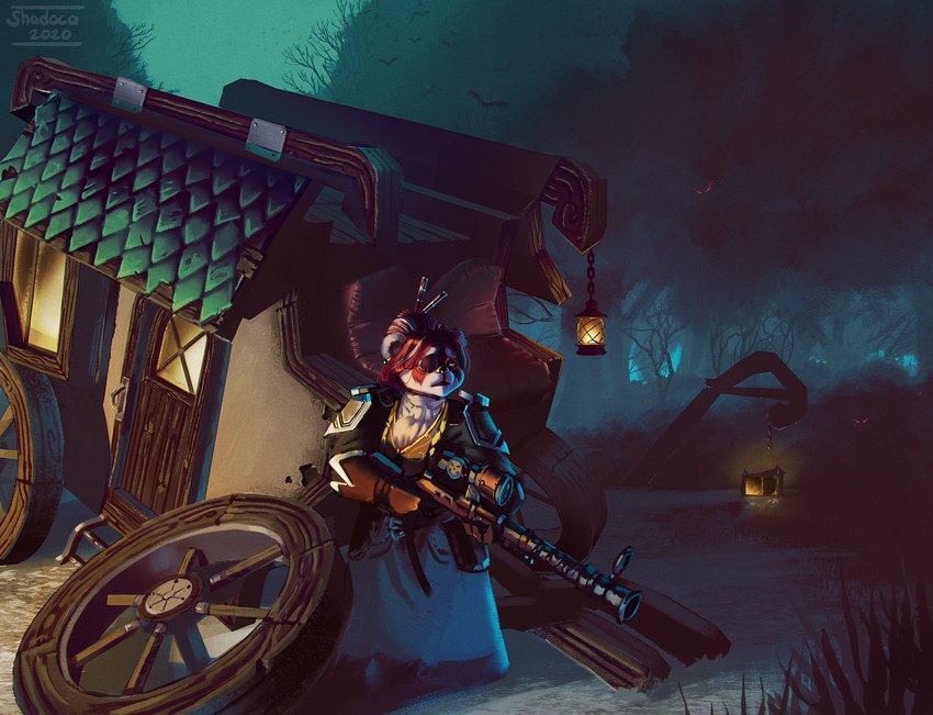 anthro clothing ear_piercing ear_ring eye_patch eyewear female forest gun lamp lantern night piercing plant ranged_weapon ring_piercing solo tree vehicle wagon weapon shadoca blizzard_entertainment warcraft bear mammal pandaren