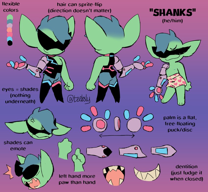 boxer_briefs clothed clothing color_swatch eyewear male mechanical_arm not_furry pronouns solo sunglasses text underwear teebsly goblin humanoid english_text model_sheet