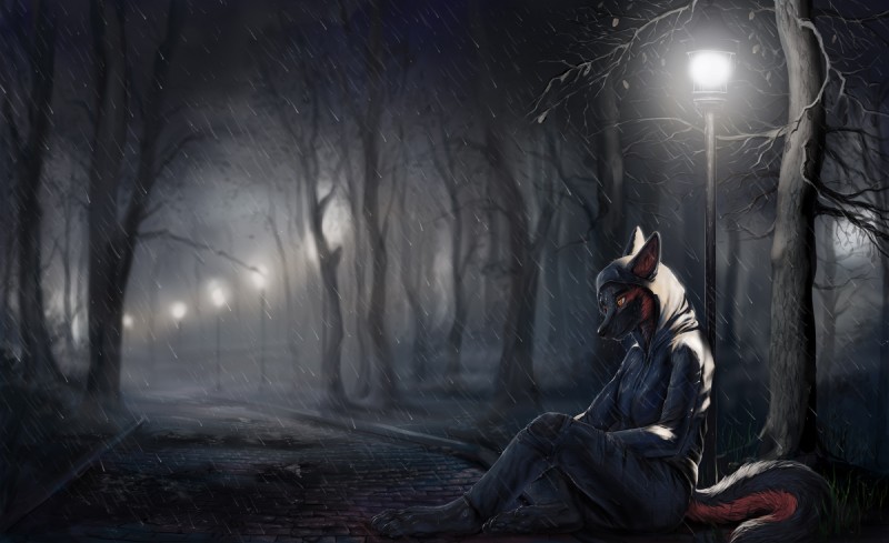 abandoned amber_eyes anthro barefoot biped clothed clothing detailed_background feet female forest fur lonely night outside park plant pupils raining sitting slit_pupils solo street tail tree wet aaros canid canine mammal digital_media_(artwork) digital_painting_(artwork) hi_res painting_(artwork)