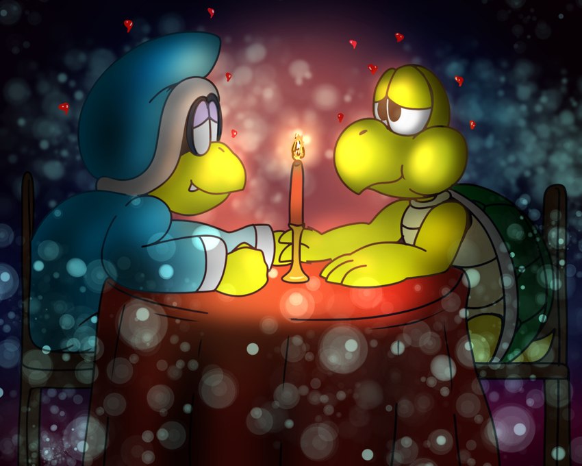 anthro bokeh candle date duo fire furniture hand_holding heart_symbol male male/male romantic romantic_couple sitting table zuggly mario_bros nintendo kamek koopa koopa_troopa magikoopa reptile scalie turtle 5:4