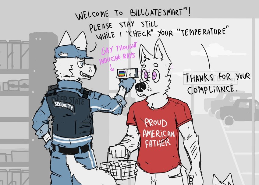 anthro clothing conspiracy dialogue grocery_store group humor hypnosis male mind_control orientation_play political_cartoon politics satire security security_guard sexuality_change shirt shopping_basket straight_to_gay text text_on_clothing text_on_shirt text_on_topwear topwear transformation_ray ricthecusco canid canine canis mammal wolf 2021 english_text meme father_(lore) father_and_child_(lore) father_and_son_(lore) parent_(lore) parent_and_child_(lore) parent_and_son_(lore) son_(lore)