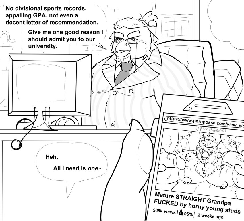 age_difference anthro balls beak belly blackmail bodily_fluids cellphone clothing college cum electronics erection eyewear first_person_view genital_fluids genitals glasses male male/male mature_male moobs necktie nipple_piercing nipples overweight overweight_male penis phone piercing profanity professor ruined_reputation school smartphone suit text nanozapz avian bird english_text hi_res monochrome