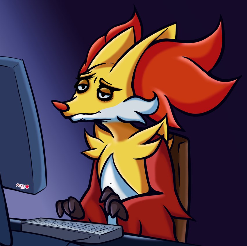 ambiguous_gender chair computer electronics furniture inner_ear_fluff office_chair simple_background solo tuft mahoxy charles_jones_at_computer coraline_(film) laika_studios nintendo pokemon delphox generation_6_pokemon pokemon_(species) meme