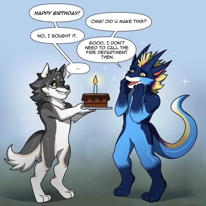 anthro birthday cake dessert dialogue duo food happy_birthday raining speech_bubble tail text zephyxus mythology teryx teryx_commodore dragon mythological_creature mythological_scalie scalie 1:1 2022 english_text hi_res