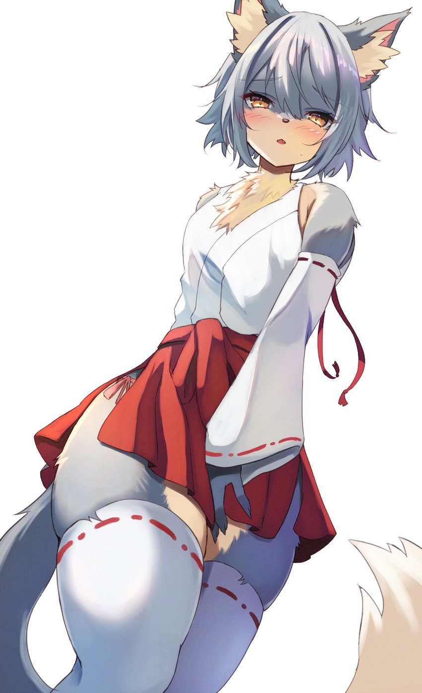 anthro asian_clothing blush bottomwear chest_tuft claws clothed clothing covering covering_crotch crossdressing cute_fangs east_asian_clothing fangs femboy finger_claws fluffy fur grey_body grey_fur grey_hair hair hakama half-closed_eyes hand_between_legs japanese_clothing kemono legwear low-angle_view male male_anthro miko_outfit multicolored_body multicolored_fur narrowed_eyes short_hair shrine_maiden solo tail tan_body tan_fur teeth thigh_highs tuft white_body white_fur wide_hips yellow_eyes an_chobi94 canid canine canis mammal wolf 2024 digital_media_(artwork) hi_res portrait three-quarter_portrait