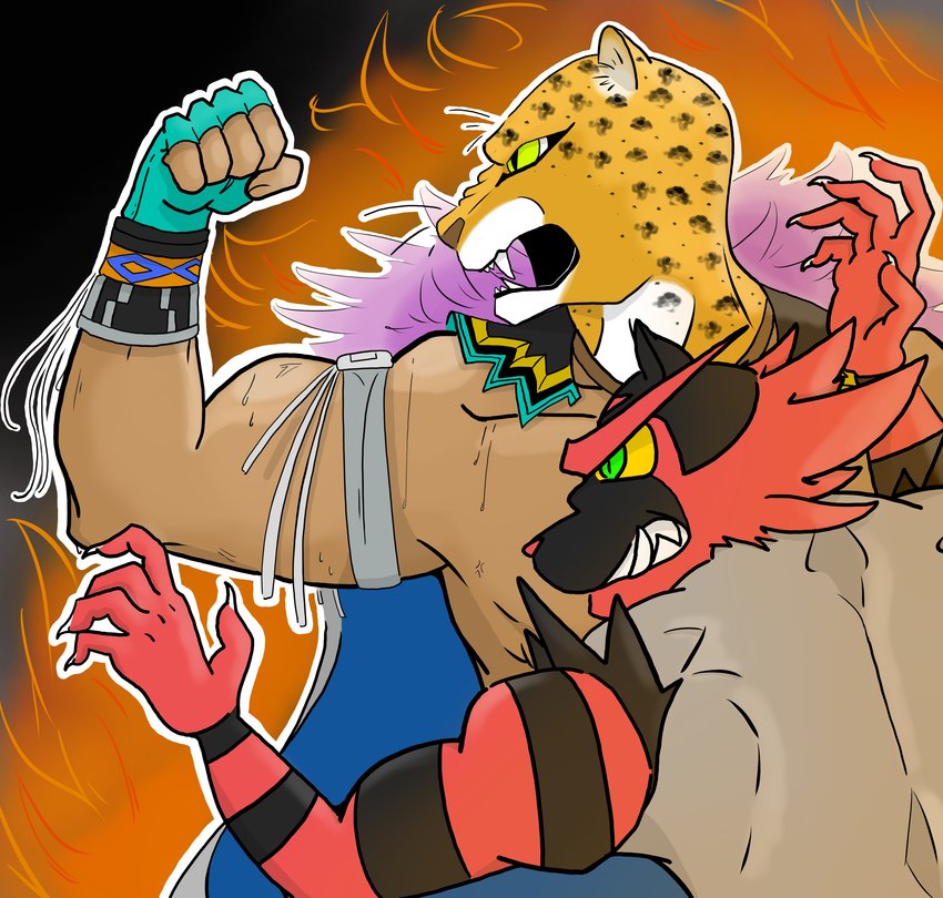 animal_mask anthro armband black_body black_fur bodily_fluids bracelet brown_nose cape claws clothing duo fangs fangs_bared feathered_cape feathers fire fist flexing fur gloves green_eyes grey_body grey_fur handwear inner_ear_fluff jaguar_spots jewelry leopard_spots male male/male mask muscular muscular_anthro muscular_male outline purple_body purple_feathers red_body red_fur red_nose sharp_teeth side_profile simple_background size_difference spots sweat tan_body teeth tuft whiskers white_claws white_outline yellow_sclera crimsontyd bandai_namco game_freak nintendo pokemon tekken king_(tekken) felid generation_7_pokemon human incineroar jaguar leopard mammal pantherine pokemon_(species) absurd_res hi_res