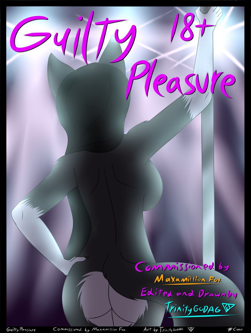 anthro black_body black_fur black_hair breasts butt female fur hair light long_hair markings nude pole rear_view side_boob solo stripper_pole tail text white_body white_fur trinitygodag canid canine fox humanoid mammal absurd_res comic commissioner_name cover cover_art cover_page english_text hi_res lighting signature