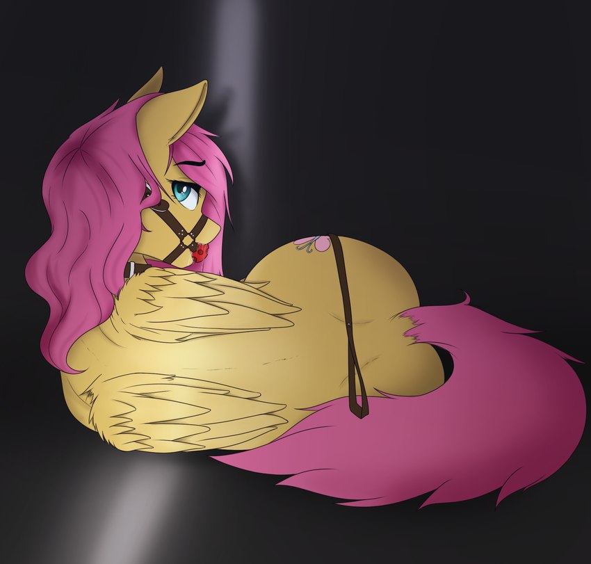 ball_gag blue_eyes bodily_fluids collar cutie_mark dark_room drooling feathered_wings feathers female feral fur gag looking_at_viewer looking_back looking_back_at_viewer lying mane on_side opening_door pink_mane pink_tail saliva solo tail wings yellow_body yellow_fur monanniverse friendship_is_magic hasbro my_little_pony mythology fluttershy_(mlp) equid equine mammal mythological_creature mythological_equine pegasus hi_res