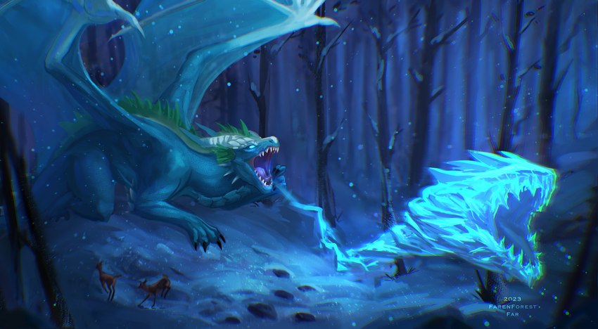 feral flying forest open_mouth outside plant sharp_teeth snow solo teeth tree wings farenforest mythology deer dragon elemental_creature elemental_dragon ice_dragon mammal mythological_creature mythological_scalie scalie hi_res