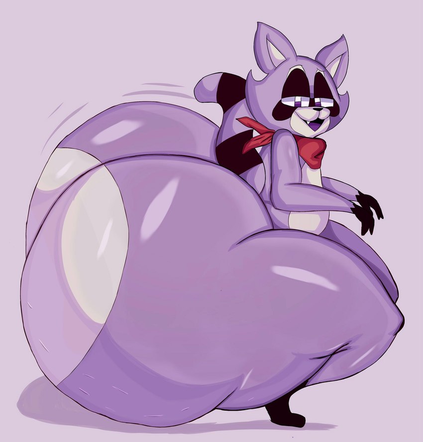 anthro big_butt black_eyelids black_nose black_tail bubble_butt butt grey_inner_ear huge_butt huge_thighs hyper hyper_butt kerchief kerchief_only looking_at_viewer male markings mostly_nude motion_lines neckerchief neckerchief_only neckwear open_mouth open_smile purple_background purple_body purple_ears purple_eyes purple_tail purple_tongue red_kerchief red_neckerchief sharp_teeth side_view simple_background smile smiling_at_viewer solo striped_markings striped_tail stripes tail tail_markings teeth thick_thighs tongue wide_hips yoshuacomoyoshu indigo_park rambley_raccoon mammal procyonid raccoon 2024 colored digital_media_(artwork) hi_res shaded