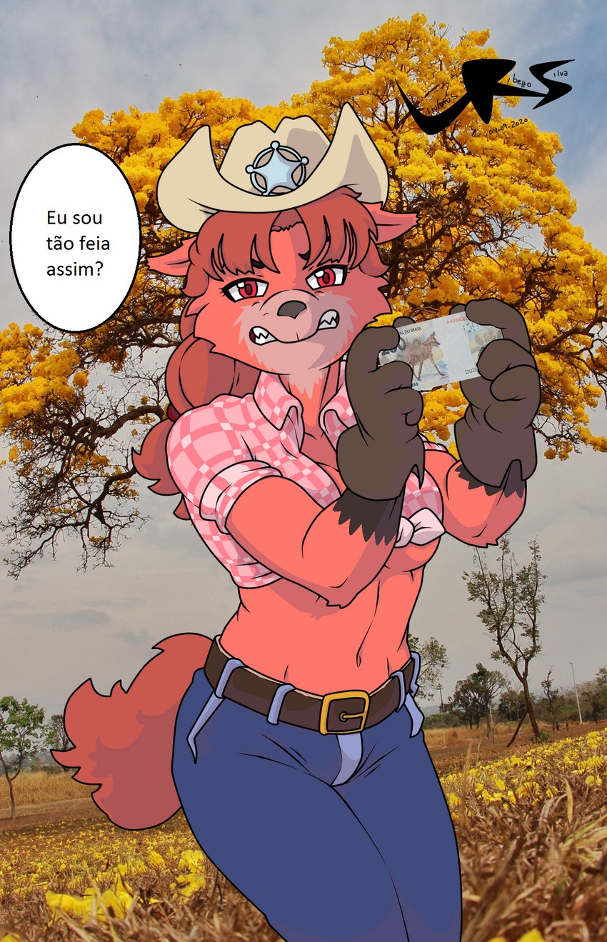 anthro bottomwear clothing country_girl denim denim_bottomwear denim_clothing female jeans money pants sad solo speech_bubble text ojisan_mopy canid canine canis mammal maned_wolf wolf hi_res portuguese_description portuguese_text translated translated_description