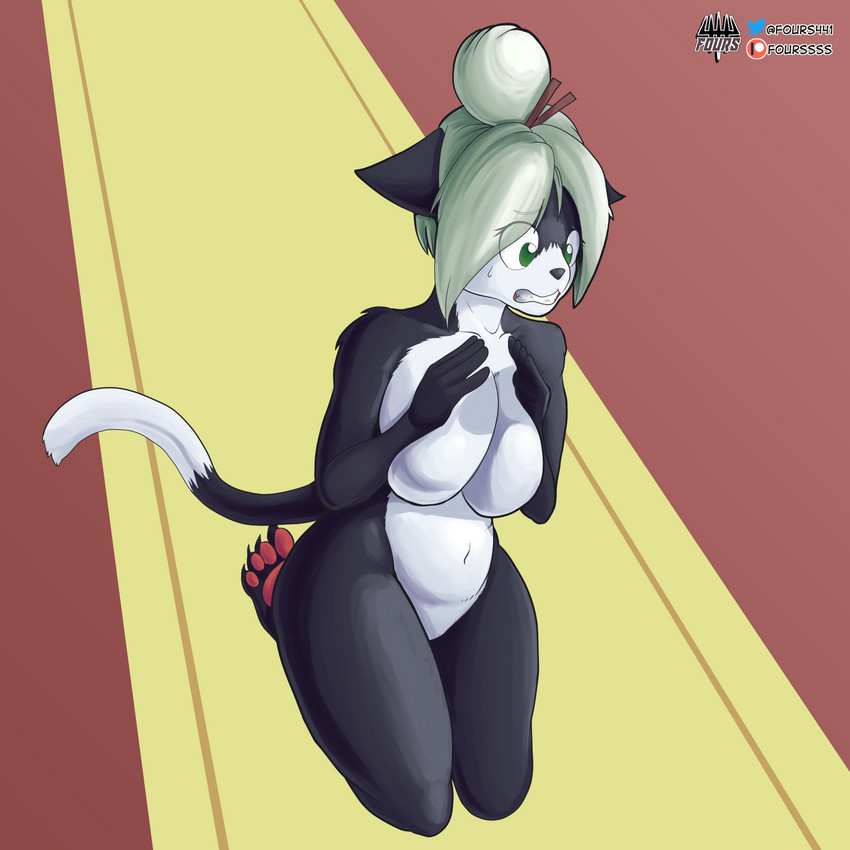 accessory anthro big_breasts black_body black_fur breasts female fur green_eyes hair hair_accessory kneeling nude pawpads red_pawpads solo white_hair fourssss bittersweet_candy_bowl jasmine_(bcb) domestic_cat felid feline felis mammal 1:1 hi_res