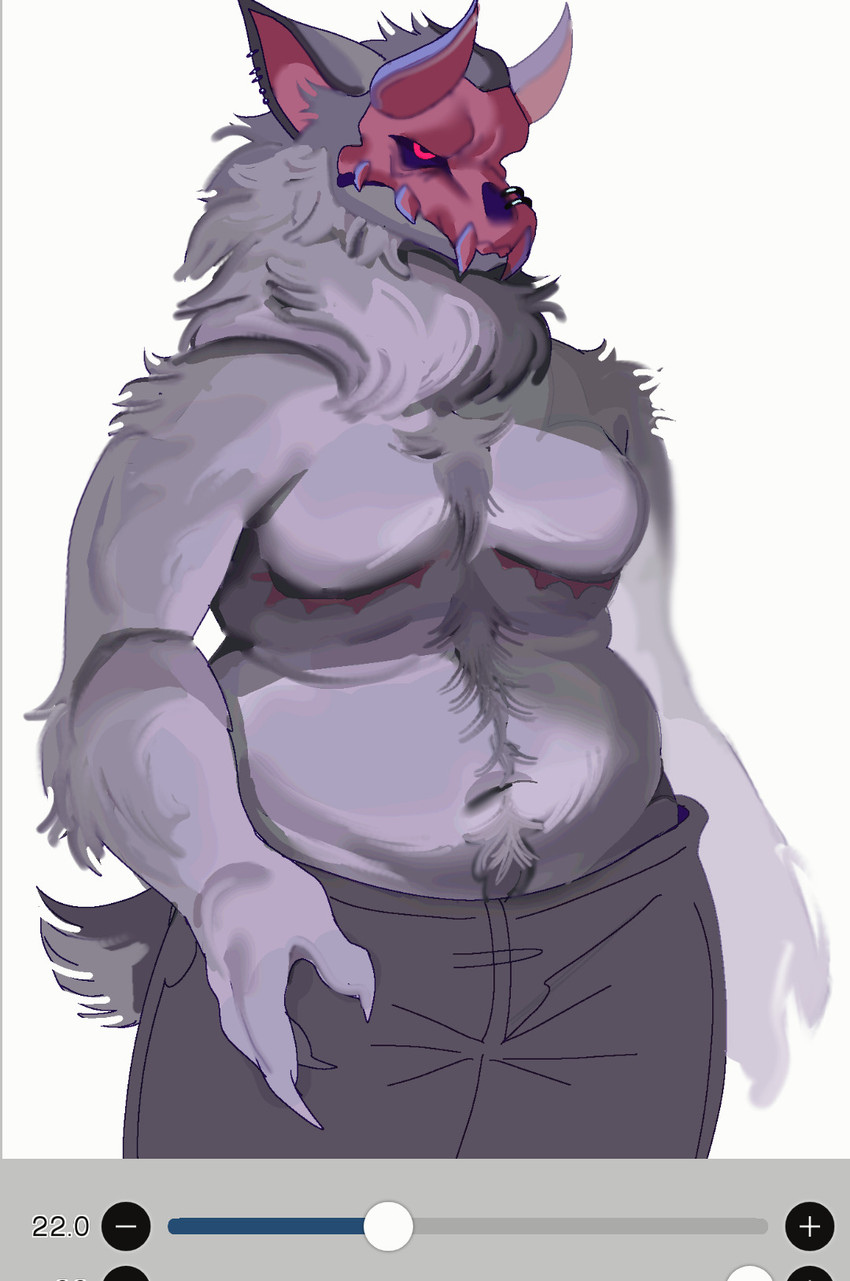 2_horns anthro arm_tuft belly belly_hair black_sclera body_hair bone bottomwear breasts chest_hair claws clothed clothing ear_piercing ears_back elbow_tuft facial_piercing fangs featureless_breasts finger_claws fur furrowed_eyebrows glare grey_body grey_bottomwear grey_clothing grey_fur grey_mane grey_pants happy_trail helix_piercing horn intimidation male mane mastectomy_scar moobs navel nose_piercing nose_ring pants piercing pivoted_ears pointy_ears red_eyes red_face red_horn ring_piercing scar shoulder_tuft simple_background skull skull_head slightly_chubby slightly_chubby_anthro slightly_chubby_male solo teeth three-quarter_view topless tuft visibly_trans white_background wolfertinger mythology grendel_(wolfertinger) canid canid_demon canine canis demon hellhound mammal mythological_canine mythological_creature skulldog_(species) wolf 2024 archived_source half-length_portrait hi_res portrait shaded soft_shading trans_(lore) trans_man_(lore)