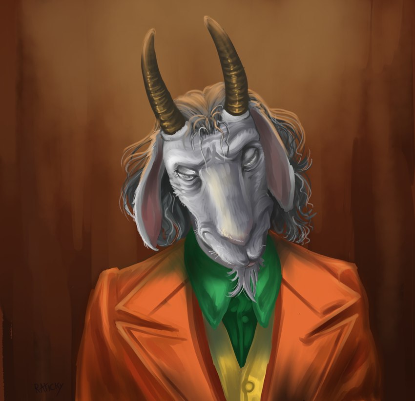 anthro clothing facial_hair fur goatee hair horn long_hair looking_at_viewer male mature_male solo white_body white_fur r4t1cky eugene_(r4t1cky) bovid caprine goat mammal hi_res