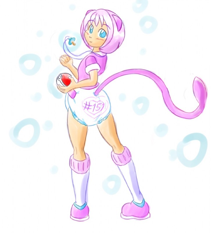 ageplay anthro anthrofied blue_eyes clean_diaper clothed clothing diaper female infantilism looking_at_viewer pacifier pacifier_necklace pokemorph roleplay solo tail wearing_diaper white_diaper rfswitched nintendo pokemon generation_1_pokemon legendary_pokemon mew_(pokemon) pokemon_(species)