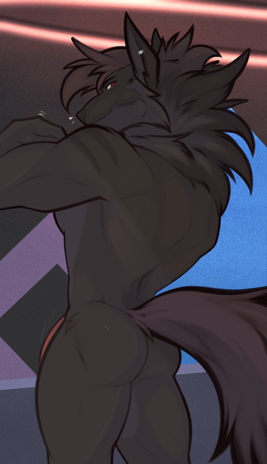 anthro barely_visible_genitalia barely_visible_penis biped black_body black_fur brown_body brown_fur brown_hair butt fur genitals grey_body grey_fur hair looking_back male male_anthro multicolored_body multicolored_fur muscular muscular_anthro muscular_male neck_tuft nude_anthro nude_male penis red_eyes solo tuft knell_bell knell_(knell_bell) canid canine canis mammal wolf 2024 absurd_res digital_media_(artwork) hi_res portrait three-quarter_portrait