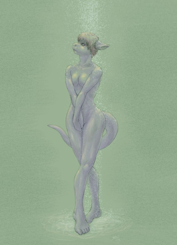 anthro female looking_at_viewer nude pose raining scar shower simple_background solo water yellowpower galena kangaroo macropod mammal marsupial hi_res