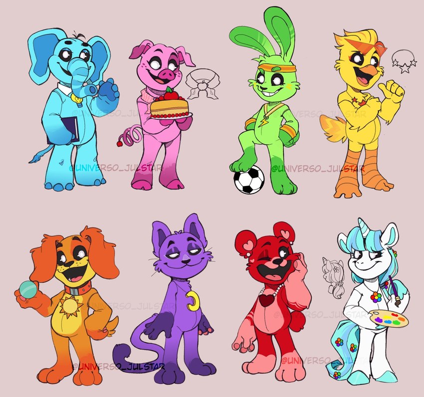 3_toes 4_fingers accessory anthro apple ball beak bear_tail belly black_eyebrows black_nose black_sclera blonde_hair blue_arms blue_belly blue_ears blue_feet blue_fingers blue_hair blue_hands blue_head blue_hooves blue_horn blue_inner_ear blue_legs blue_mane blue_neck blue_paint blue_tail blue_trunk book brush cake cheek_tuft closed_smile clothing collar curled_tail dessert dipstick_arms dipstick_ears dipstick_hair dipstick_limbs dipstick_tail dipstick_tail_feathers ear_markings ear_piercing ear_ring elephant_ears elephant_tail elephant_toes eyebrows eyelashes eyewear eyewear_on_head facial_tuft facing_aside facing_forward feathers feet female fingers floppy_ears flower flower_in_hair flower_in_mane flower_pendant food freckled_face freckles frosting fruit fur gem gesture green_arms green_belly green_chest green_ears green_eyebrows green_face green_feet green_head green_legs green_paint green_tail green_toes grinning_at_viewer group hair hair_accessory half-closed_eyes hand_on_face hand_on_hip hands_at_sides headband holding_ball holding_book holding_face holding_object holding_plate hooves horn jewelry kerchief kerchief_only light_bulb lightning_bolt long_tail looking_at_cake looking_at_viewer looking_down looking_down_at_object male mane markings medal moon_pendant mostly_nude mouth_closed multicolored_ears narrowed_eyes neckerchief neckerchief_only necklace necklace_only neckwear nude one_eye_closed open_beak open_mouth open_smile orange_arms orange_beak orange_body orange_collar orange_ears orange_eyewear orange_face orange_feet orange_fur orange_hair orange_headband orange_inner_ear orange_paint orange_star orange_sunglasses orange_tail orange_tail_feathers orange_toes paint paintbrush pallete pastry pawpads pearl_(gem) pearl_ear_ring pearl_necklace pendant piercing pig_nose pink_arms pink_belly pink_body pink_clothing pink_ears pink_face pink_feet pink_fingers pink_hands pink_head pink_hooves pink_inner_ear pink_kerchief pink_legs pink_neckerchief pink_skin pink_tail pink_toes pink_tongue plant plate proboscis_(anatomy) purple_arms purple_belly purple_body purple_book purple_ears purple_eyelids purple_face purple_feet purple_fingers purple_fur purple_hands purple_head purple_inner_ear purple_legs purple_paint purple_tail purple_tail_tip purple_toes raised_eyebrows raised_hand red_apple red_arms red_ears red_face red_legs red_mouth red_neck red_paint red_pendant red_tail ring_piercing scut_tail short_tail smile snout standing star_necklace sun_pendant sunglasses sunglasses_on_head tail tail_markings teeth toes tongue trunk_(anatomy) tuft waving waving_at_viewer whiskers white_arms white_ears white_eyes white_face white_head white_horn white_legs white_neck wink winking_at_viewer yellow_arms yellow_belly yellow_body yellow_face yellow_feather_hair yellow_feathers yellow_fingers yellow_fur yellow_hands yellow_headband yellow_legs yellow_neck yellow_paint yellow_pendant universo_julstar mob_entertainment mythology poppy_playtime smiling_critters bobby_bearhug bubba_bubbaphant catnap_(poppy_playtime) craftycorn dogday_(poppy_playtime) hoppy_hopscotch kickinchicken pickypiggy avian bear bird canid canine canis chicken domestic_cat domestic_dog domestic_pig elephant elephantid equid equine felid feline felis galliform gallus_(genus) lagomorph leporid mammal mythological_creature mythological_equine phasianid proboscidean rabbit suid suina sus_(pig) unicorn ursine artist_name distracting_watermark english_description hi_res signature spanish_description watermark