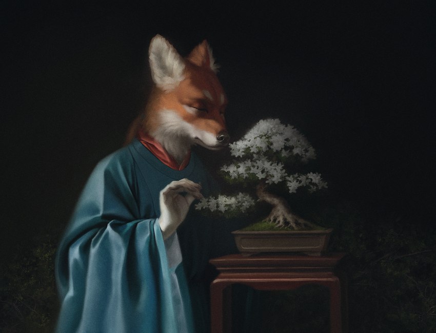 5_fingers anthro asian_clothing bonsai clothed clothing dress east_asian_clothing fingers flower furniture japanese_clothing male plant sniffing table bra1neater canid canine dhole mammal 2023 digital_media_(artwork) hi_res portrait